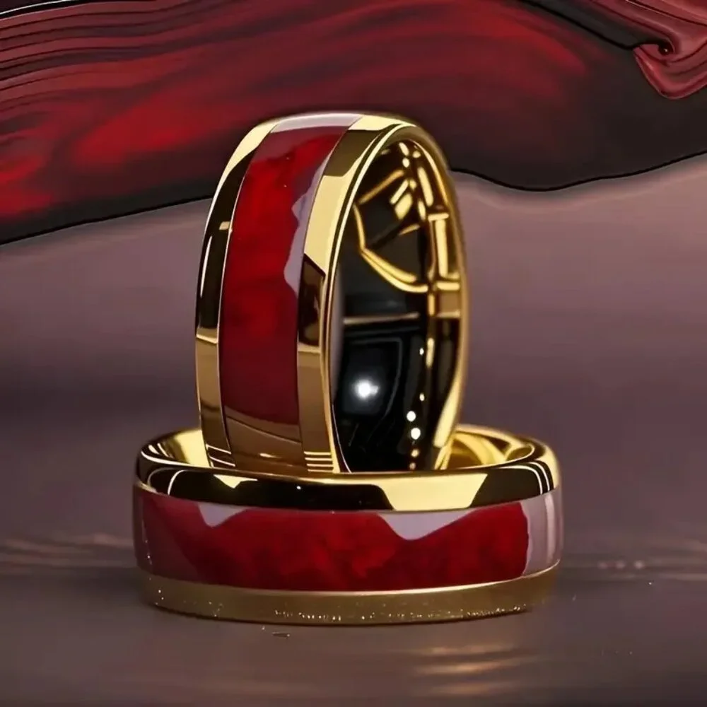 Tungsten Carbide Statement Ring High Polished Red Marble & 10k gold plated rims